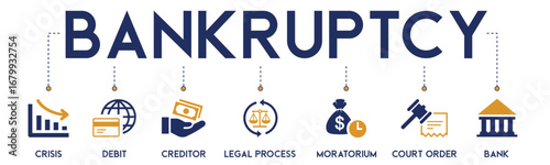 Bankruptcy vector illustration banner with financial icons. An infographic concept covering crisis, debt, legal process, and business failure. For economic and law presentations.