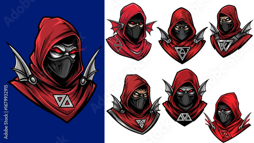Red Hooded Rogue Logo Set – Stealth Esports Mascot with Triangle Badge and Masked Face Vector