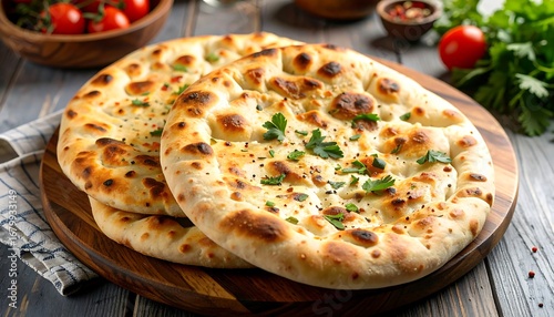 Three round flatbreads on a wooden board