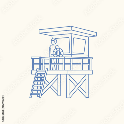 Lifeguard on duty at a beachside tower, overseeing swimmers while a serene ocean view stretches in the background