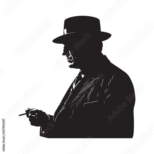 Black silhouette of a man in a hat holding a cigarette black and white fedora