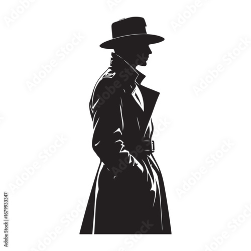 Black silhouette of a man in a fedora hat and trench coat with hands in pockets male person