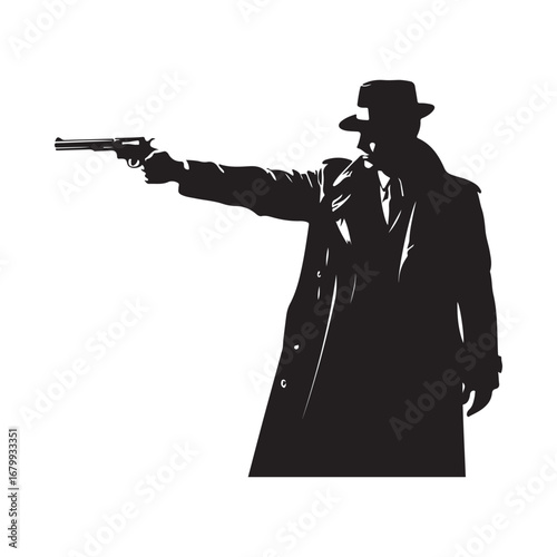 Silhouette of a man in a trench coat and fedora aiming a pistol vector