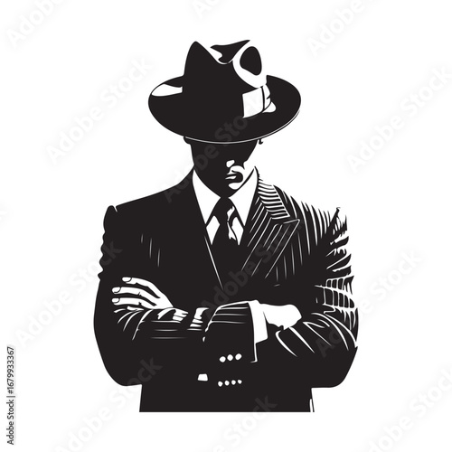 Black and white illustration of a man in a fedora and pinstripe suit with arms crossed male person