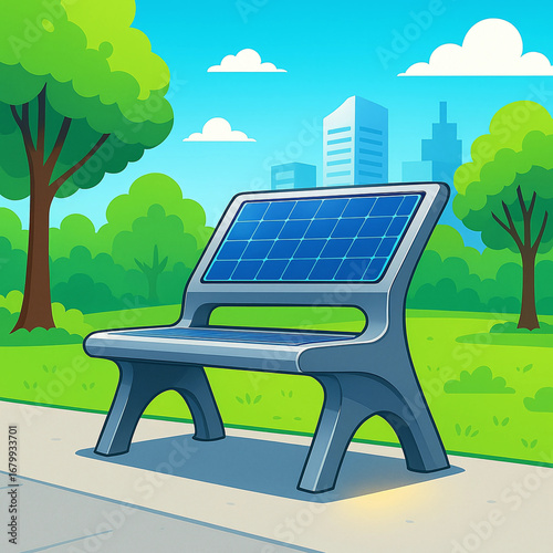 Sustainable City Solar Bench in the Park with Urban Skyline