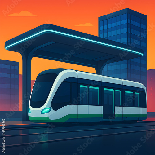 Modern Train at a Transit Station A Vector Illustration of Urban Transportation and Cityscape