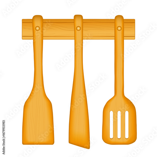 Wood Wall Rack with kitchen tools, small, wide and slotted spatula, for gourmet cooking, salads, all cuisines, isolated on white background, copy space
