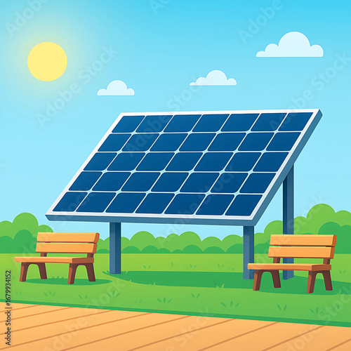 Bright Sunny Day in a Green Park with a Modern Solar Panel System, Symbolizing Clean Energy Production and Environmental Sustainability in a Public Space