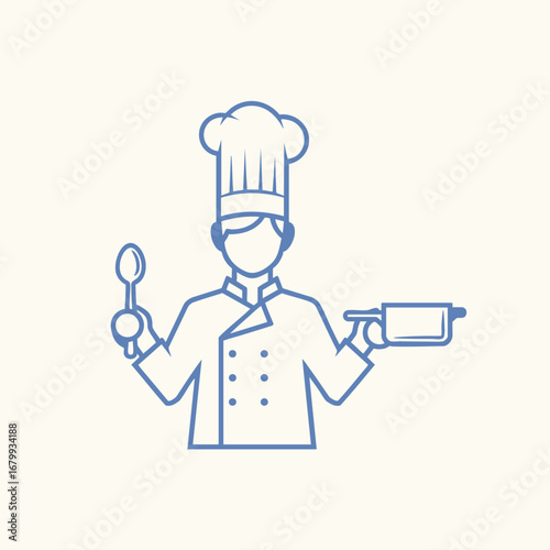 Chef holding a spoon and pot, showcasing culinary skills in a minimalist kitchen setting with soft colors