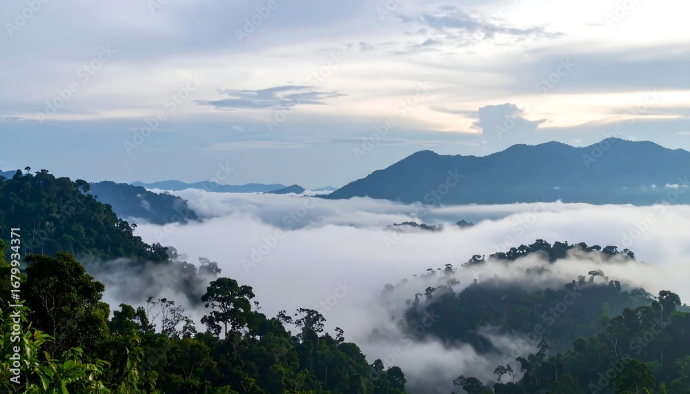 Fototapeta premium A vast, misty expanse of rainforest valleys nestled within a mountain range, draped in a soft, ethereal mist.