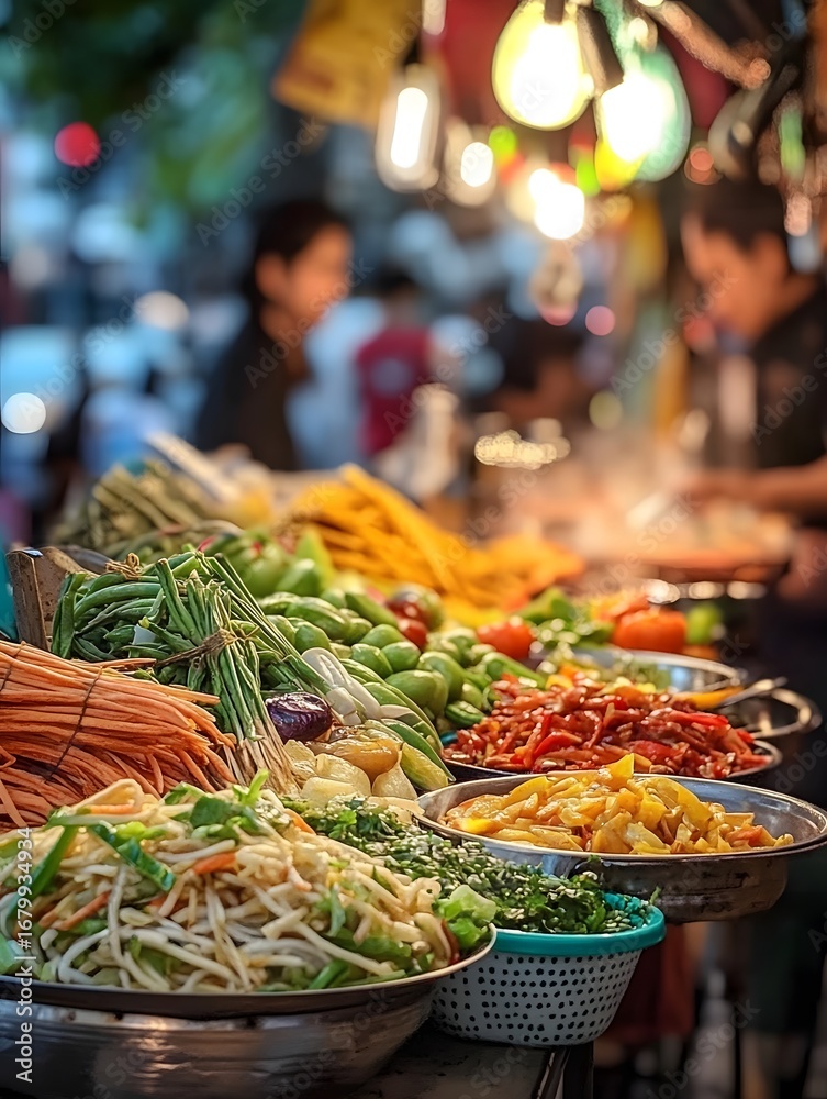 Fototapeta premium Colorful Fresh Produce at an Urban Farmer's Market - Exploring Vibrant Asian Cuisine and Street Food Culture