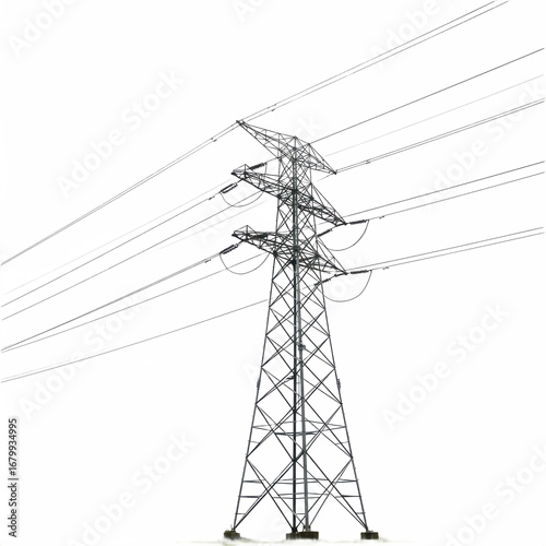 High Voltage Transmission Tower with Power Lines Isolated on White Background (PNG)