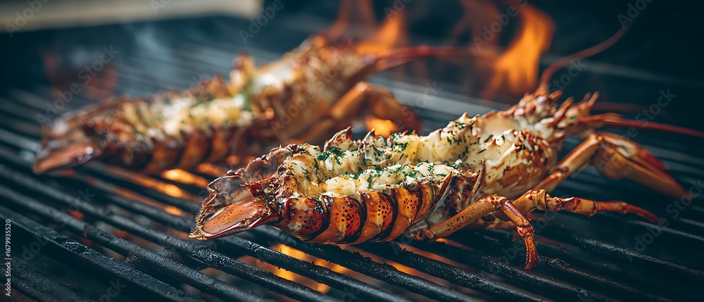 Obraz premium barbecued crustaceans on grill rack 