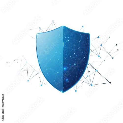Blue Digital Shield Icon with Network Connections Isolated on Transparent Background (PNG