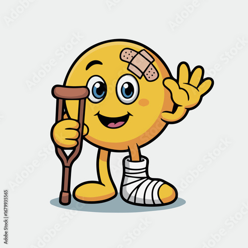 Injured emoji with crutch and bandage vector illustration for recovery and healthcare concept design 100