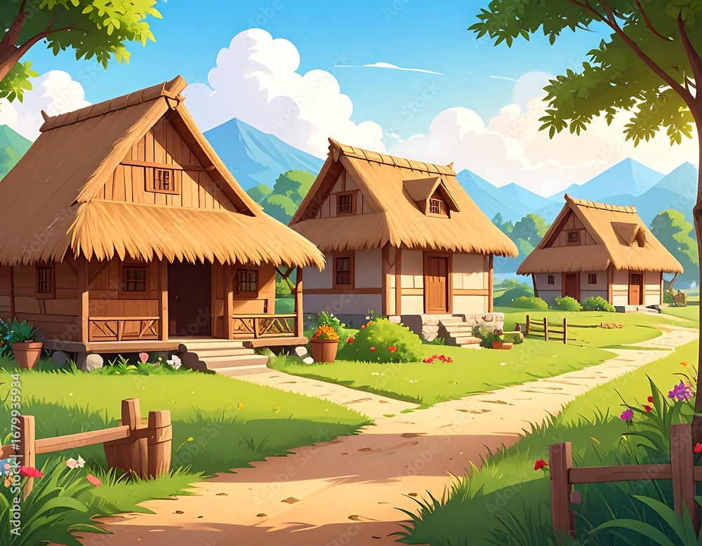 Fototapeta premium A sun-drenched village scene displays thatched-roof homes, a pathway, and vibrant greenery, showcasing a peaceful and idyllic rural setting.