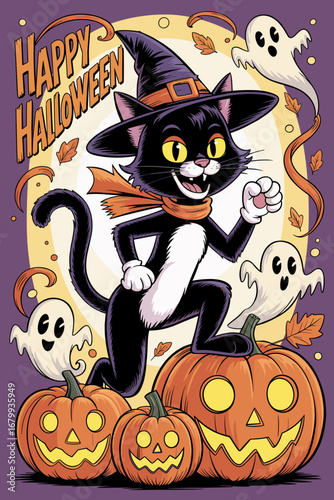 Stylized and vibrant vintage comic-style illustration featuring a Halloween cat!