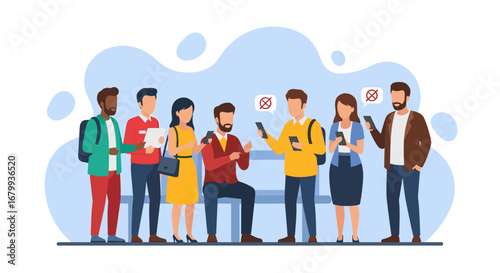 Diverse group of people struggling with smartphone connectivity, illustrating digital dependence or network issues. Ideal for concepts of communication, technology, or public waiting areas.