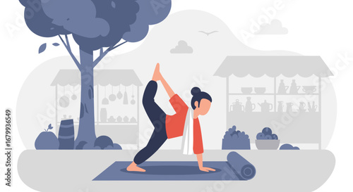 Woman practicing yoga outdoors, promoting health, balance, and mindful living. Ideal for wellness, fitness, or lifestyle concepts.