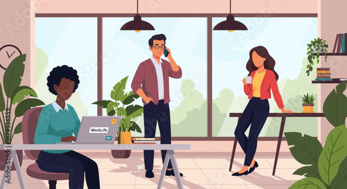 Diverse team collaborating in a modern, bright office with plants, focusing on productivity and communication. Ideal for business, HR, and corporate culture.