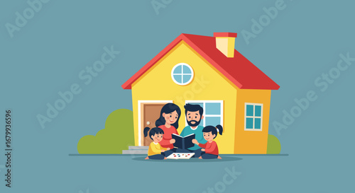 Happy family with two children bonding over a book outside their cozy home. Illustrates parental involvement and early childhood learning.