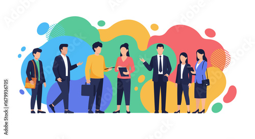 Diverse business professionals collaborating, discussing strategy, and working as a team against a vibrant, abstract background. Ideal for corporate, HR, and communication concepts.