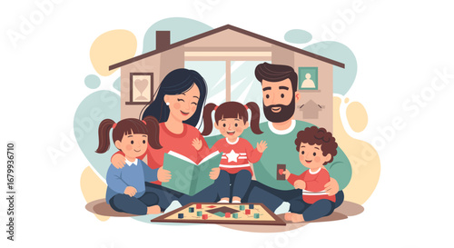 Happy family enjoying quality time at home, with parents reading to daughters and playing board games with their son. Illustrates togetherness and learning.