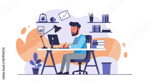 Professional man with a beard working diligently at his office desk, using a laptop and stylus. Ideal for business, remote work, digital design, and productivity concepts.
