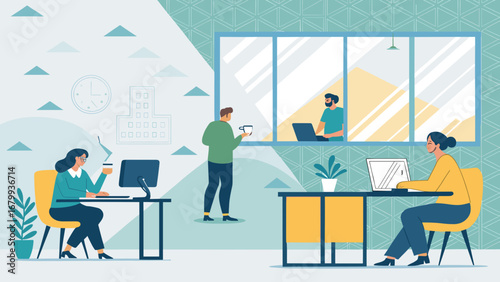 Professionals collaborate and work diligently in a modern, vibrant office environment, showcasing productivity and a positive business atmosphere.