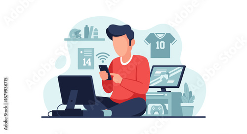 Person enjoying connectivity at home, using smartphone amidst monitors and gaming setup, embodying digital lifestyle and leisure.