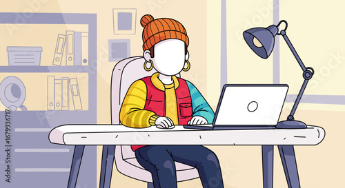 A person in casual attire works diligently on a laptop at a home office desk, surrounded by organized shelves. Represents remote work, productivity, and modern lifestyle.
