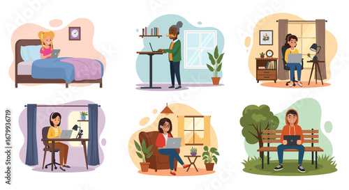 Diverse people work and study remotely from home and outdoors, embracing flexible modern lifestyles. Ideal for telecommuting, online learning, and digital concepts.