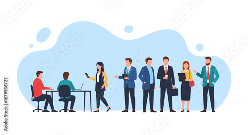 Diverse business professionals collaborating and working in a modern office environment. Team discussion and individual tasks, representing corporate teamwork and productivity.