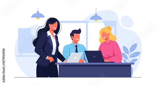 Diverse business team collaborating happily with laptops in a modern office environment. Perfect for teamwork, corporate, and productivity themes.