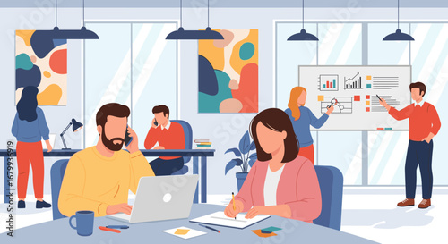 Diverse team collaborating in a modern open-plan office, engaged in tasks like presentations, laptop work, and phone calls. Illustrates teamwork and productivity.