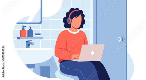 Woman with headphones using a laptop on the toilet, representing remote work, multitasking, and digital communication from a private, unconventional home setting.