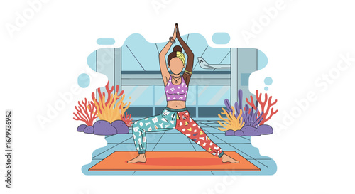 Woman performing yoga in a warrior pose, on a mat, in a modern setting with an airplane in the background. Illustrates wellness, balance, and mindful travel.