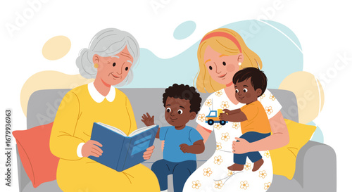 Happy multigenerational family enjoying story time and play on a sofa. Grandmother, mother, and two children bonding at home, fostering early childhood development and family love.