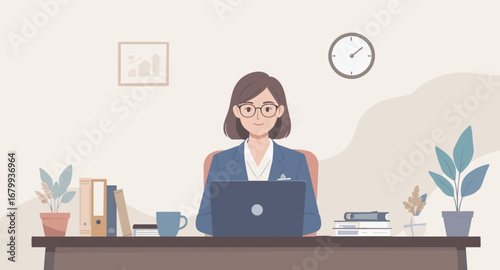 Professional woman working diligently on her laptop at an organized office desk. Ideal for business, productivity, and remote work concepts.