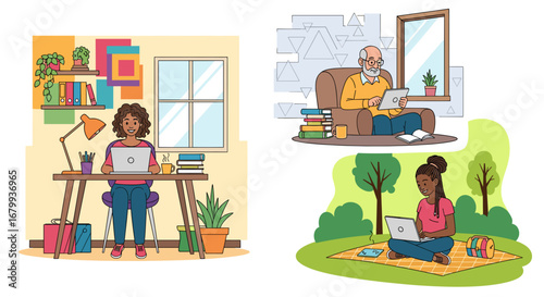People of different ages and backgrounds engaging with technology for work, learning, and leisure, highlighting remote flexibility and a modern digital lifestyle.