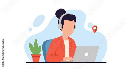 Professional woman with headphones working on a laptop, ideal for online support, customer service, remote work, or e-learning concepts.