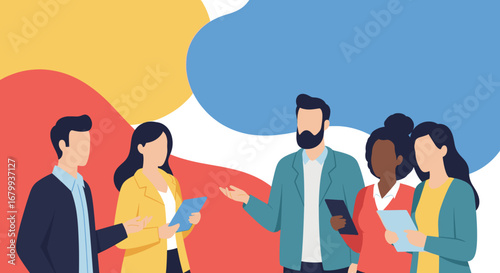 Diverse business professionals engaging in a lively discussion, symbolizing collaboration, teamwork, and innovative ideas in a modern, vibrant corporate setting.