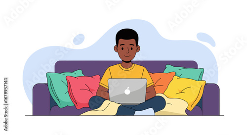 Relaxed person working or studying remotely on a laptop from a cozy home sofa, illustrating modern digital lifestyle and flexible work.