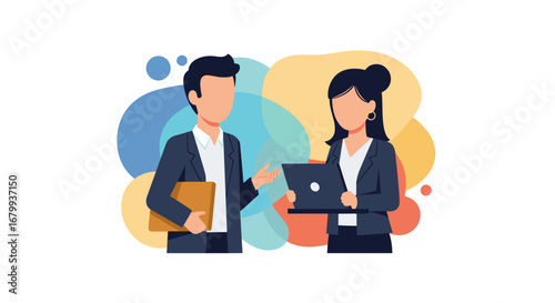 Two business professionals collaborating, discussing ideas, and working together. Ideal for concepts of teamwork, communication, and corporate strategy.