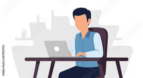 Professional man focused on his laptop, working diligently at a modern desk in an office setting. Represents productivity, remote work, and contemporary business.