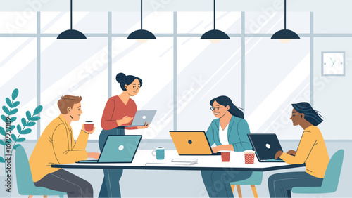 Diverse business professionals collaborate in a modern office, engaged in a productive meeting with laptops. Teamwork and innovation drive success in this dynamic work environment.
