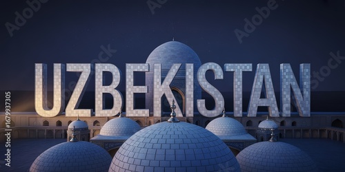 Uzbekistan Concept Art with Traditional Islamic Architecture Domes at Dusk, 3D Render, Modern Travel Destination Background
