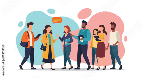 Diverse group of business professionals engaged in discussion and collaboration. Ideal for teamwork, communication, and modern workplace concepts.