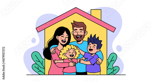 A joyful family with two children embracing inside a house symbol, depicting love, security, and togetherness. Ideal for home, real estate, and family concepts.