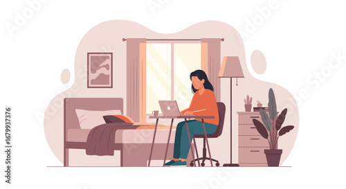 Woman working on a laptop at a desk in her home, depicting remote work, online business, and flexible lifestyle. Ideal for digital nomad or productivity themes.